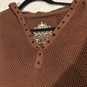 Oleg Cassini Chocolate Mesh Top with Eyelet Details